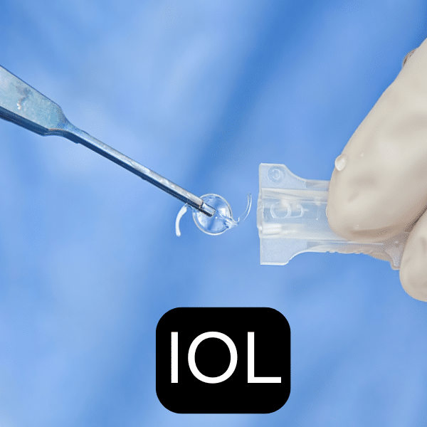 Surgeon holding an intraocular lens with surgical tweezers